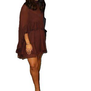 Commense 2 Piece Set Burgundy Brown Semi Sheer Mini Dress Ruffle Cape Overlay